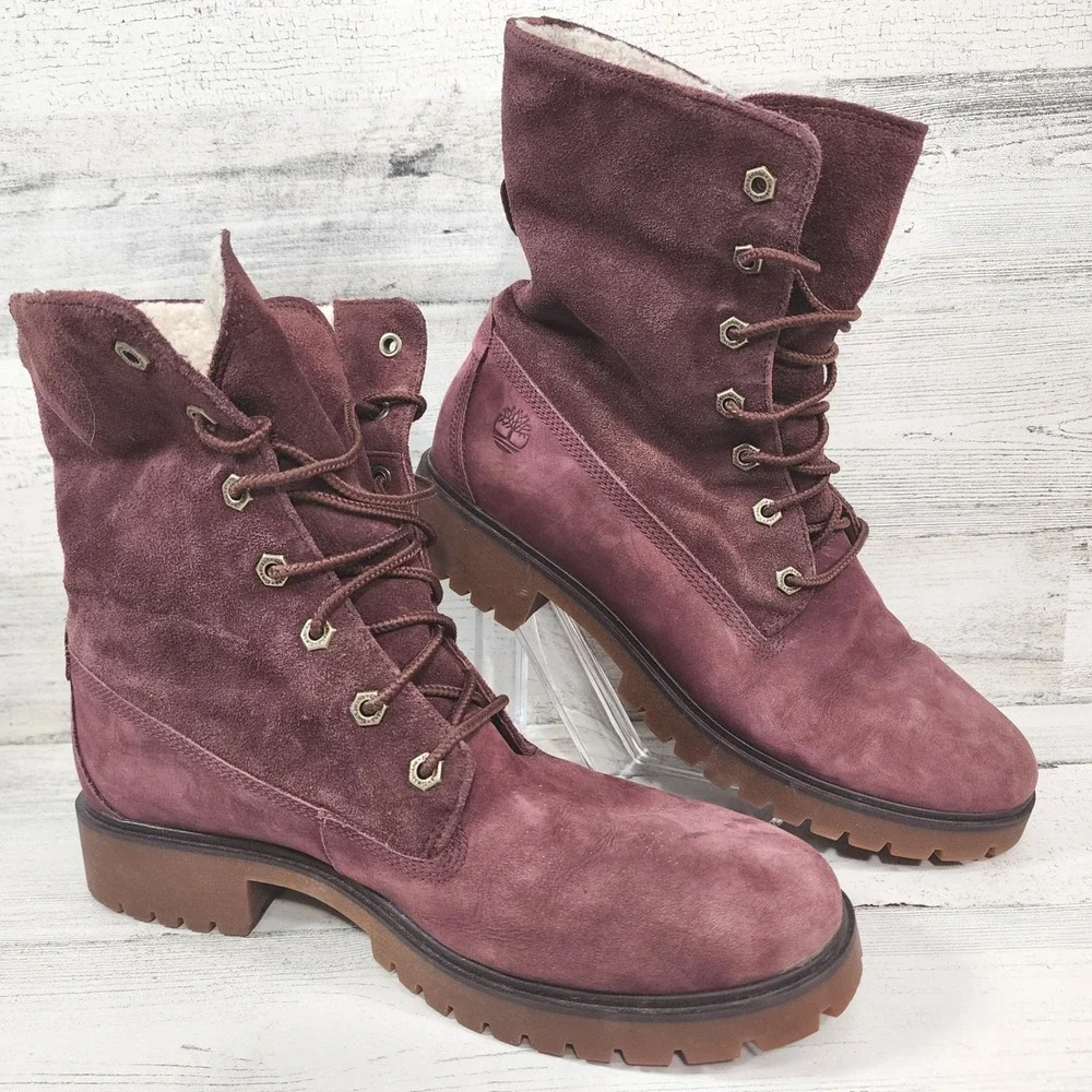 Timberland Boots Womens 10 Burgundy Suede Shearling Lined Lace Up Mid Calf